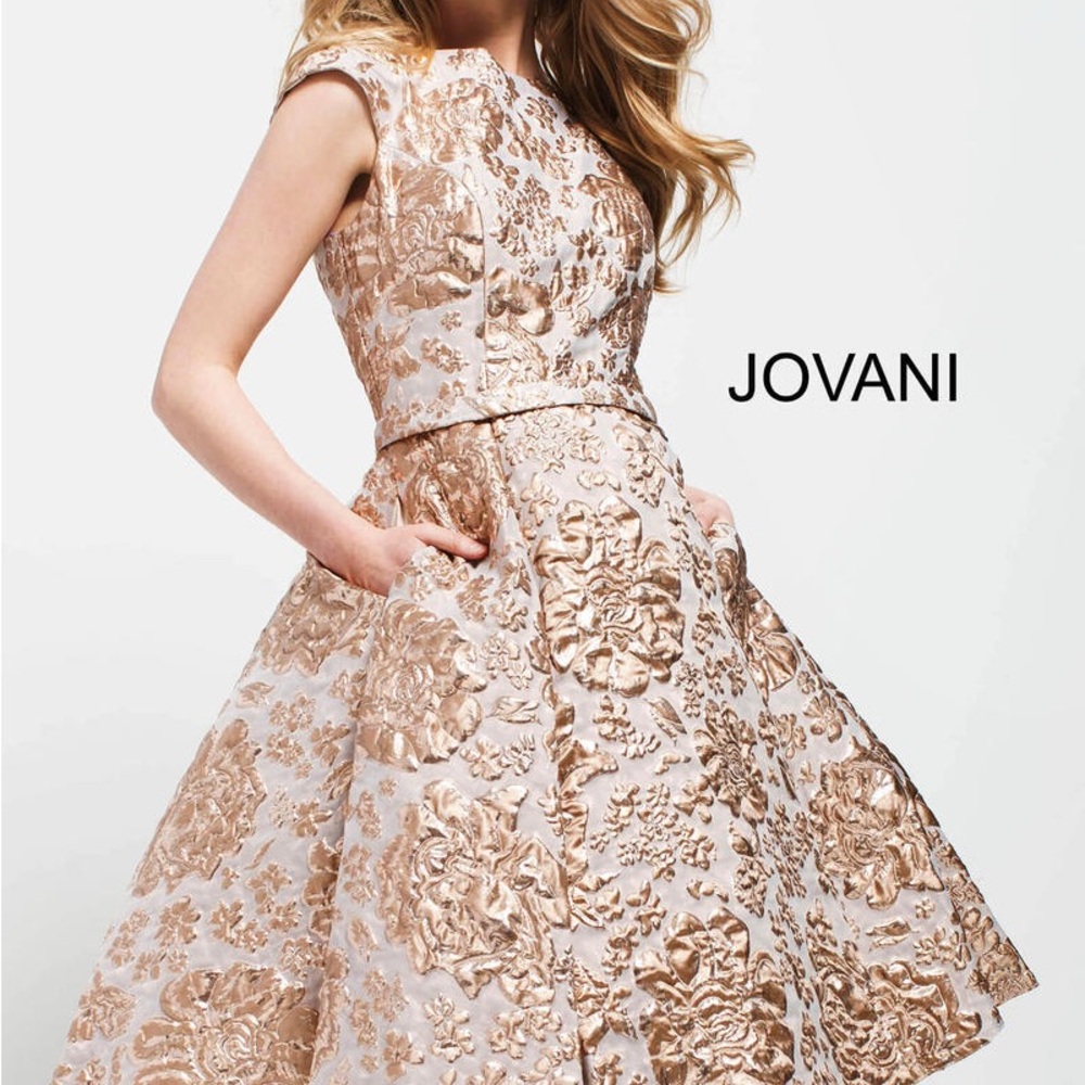 Jovani Gray & Gold Floral Brocade Dress
